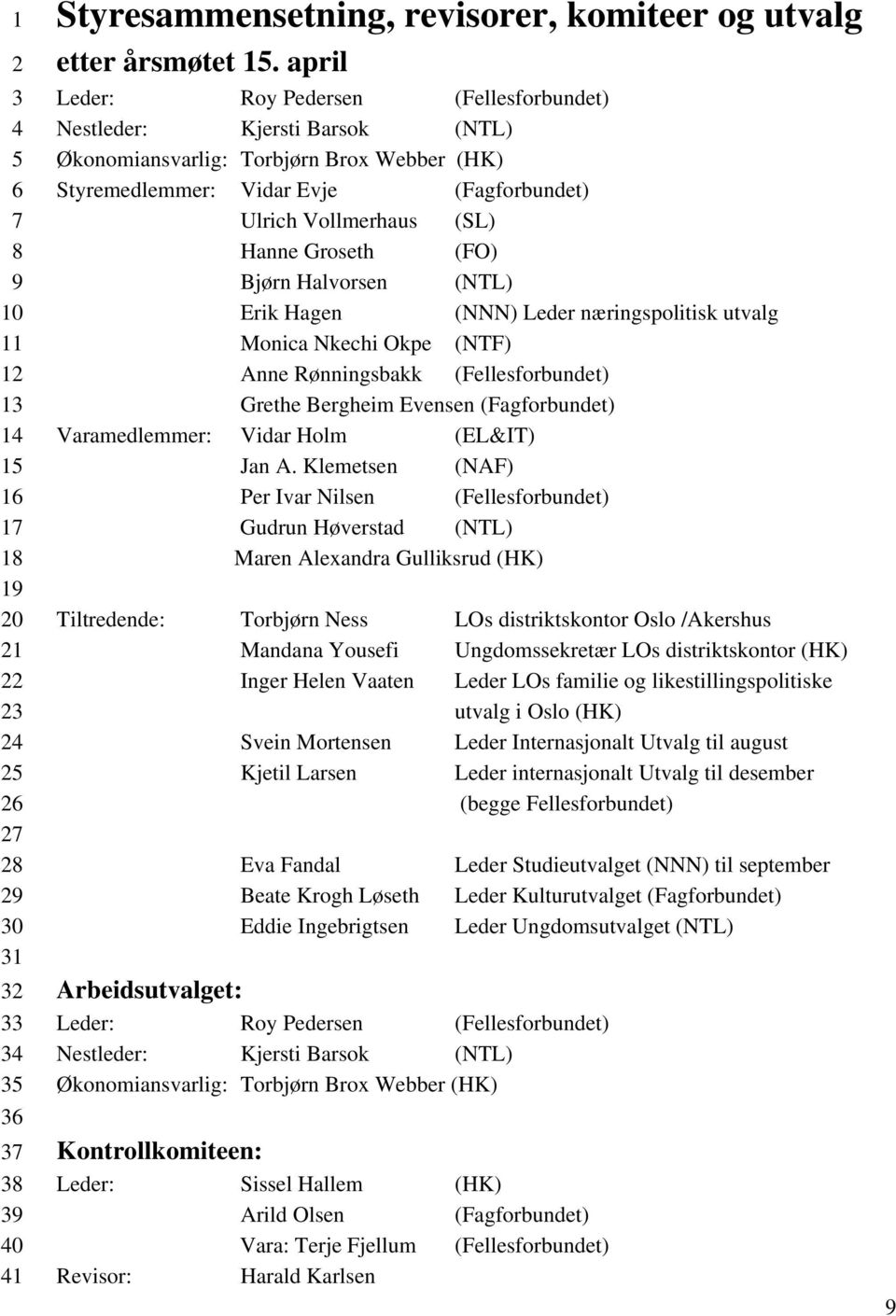 (FO) Bjørn Halvorsen (NTL) Erik Hagen (NNN) Leder næringspolitisk utvalg Monica Nkechi Okpe (NTF) Anne Rønningsbakk (Fellesforbundet) Grethe Bergheim Evensen (Fagforbundet) Varamedlemmer: Vidar Holm