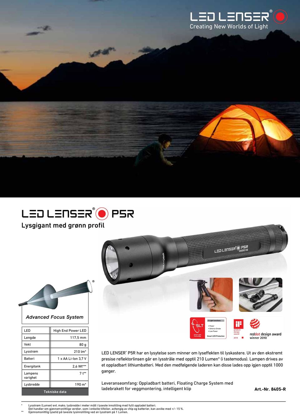 80 g 210 lm* 1 x AA Li-Ion 3,7 V 2,6 Wt*** 7 t** Lysbredde 190 m* Tekniske data LED LENSER P5R har en lysytelse som minner om lyseffekten til lyskastere.