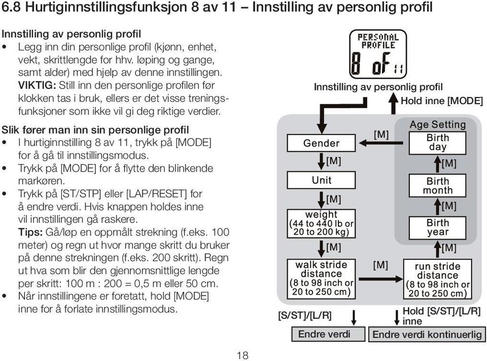 VIKTIG: Still inn den personlige profilen før klokken tas i bruk, ellers er det visse treningsfunksjoner som ikke vil gi deg riktige verdier.