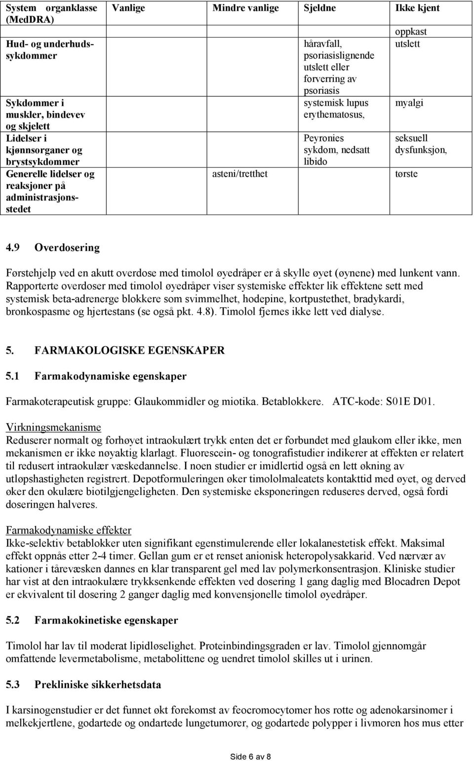 utslett myalgi seksuell dysfunksjon, tørste 4.9 Overdosering Førstehjelp ved en akutt overdose med timolol øyedråper er å skylle øyet (øynene) med lunkent vann.