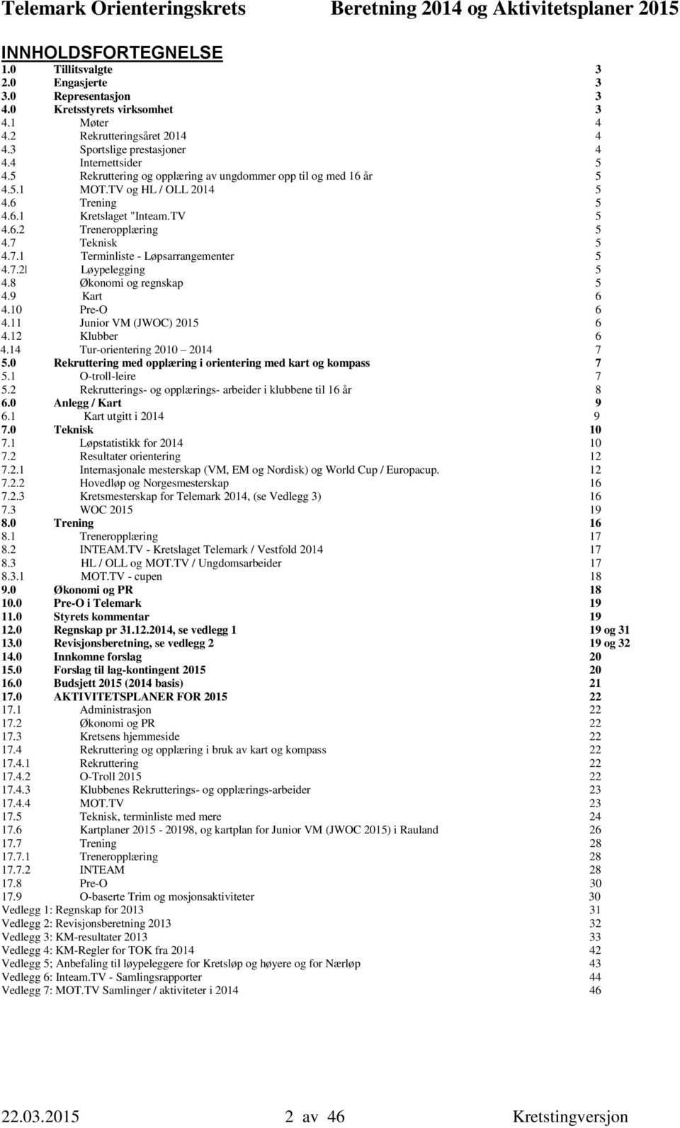 7 Teknisk 5 4.7.1 Terminliste - Løpsarrangementer 5 4.7.2 Løypelegging 5 4.8 Økonomi og regnskap 5 4.9 Kart 6 4.10 Pre-O 6 4.11 Junior VM (JWOC) 2015 6 4.12 Klubber 6 4.