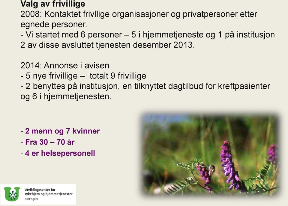 2013. 2014: Annonse i avisen - 5 nye frivillige totalt 9 frivillige - 2 benyttes på institusjon, en