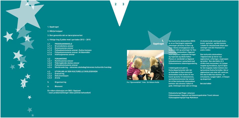 2.4 Elevforankring elevenes skoledag/elevenes kulturelle hverdag 4.3 UTVIKLING AV DEN KULTURELLE SKOLESEKKEN 4.3.1 Evaluering 4.3.2 Dokumentasjon 4.3.3 Arena 5. Organisering 6. Økonomi 1.