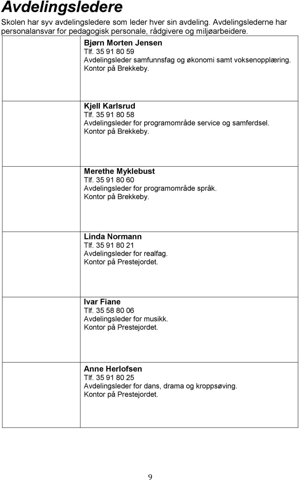 35 91 80 58 Avdelingsleder for programområde service og samferdsel. Kontor på Brekkeby. Merethe Myklebust Tlf. 35 91 80 60 Avdelingsleder for programområde språk. Kontor på Brekkeby. Linda Normann Tlf.