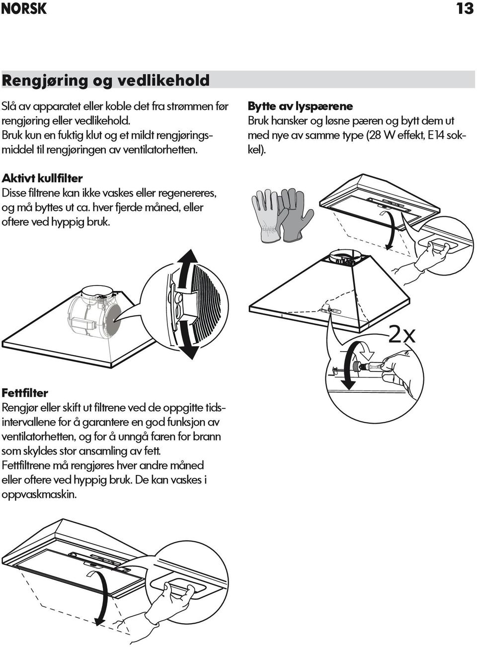 Bytte av lyspærene Bruk hansker og løsne pæren og bytt dem ut med nye av samme type (28 W effekt, E14 sokkel).