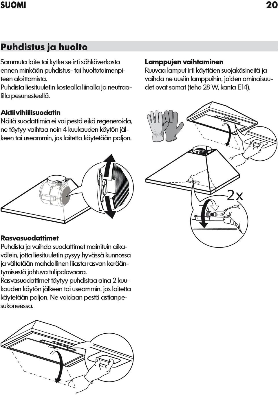 Lamppujen vaihtaminen Ruuvaa lamput irti käyttäen suojakäsineitä ja vaihda ne uusiin lamppuihin, joiden ominaisuudet ovat samat (teho 28 W, kanta E14).