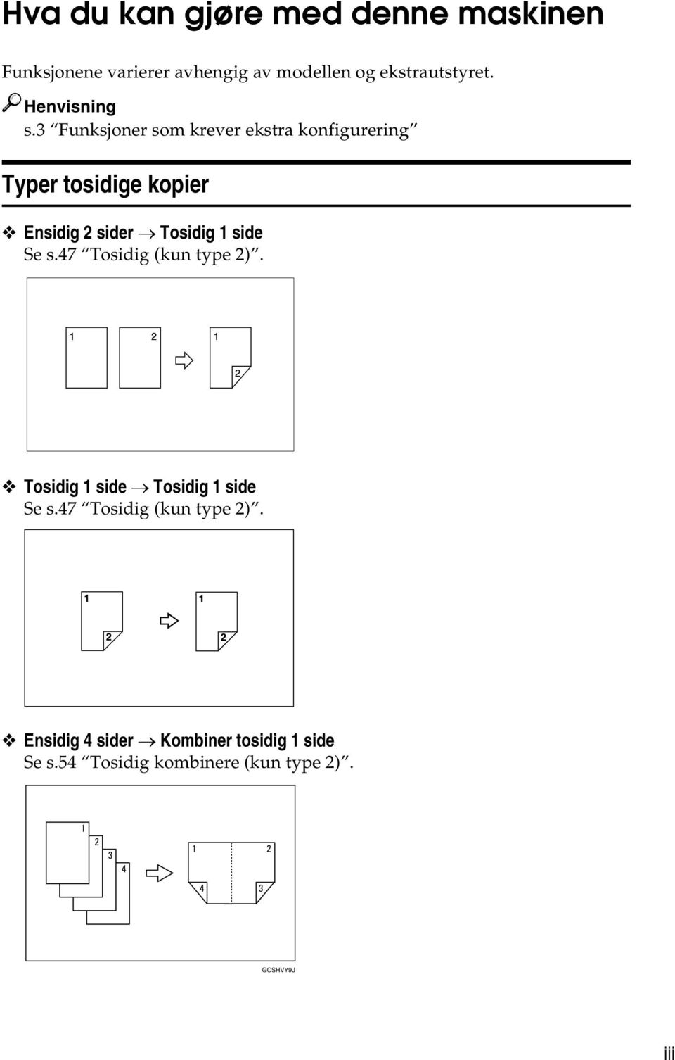3 Funksjoner som krever ekstra konfigurering Typer tosidige kopier Ensidig 2 sider Tosidig 1 side