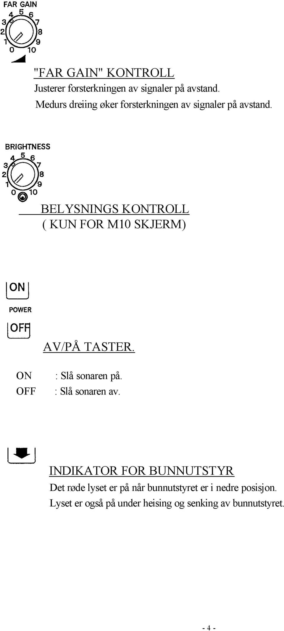BELYSNINGS KONTROLL ( KUN FOR M10 SKJERM) AV/PÅ TASTER. ON OFF : Slå sonaren på.