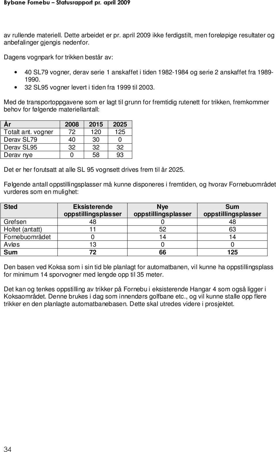 Med de transportoppgavene som er lagt til grunn for fremtidig rutenett for trikken, fremkommer behov for følgende materiellantall: År 2008 2015 2025 Totalt ant.