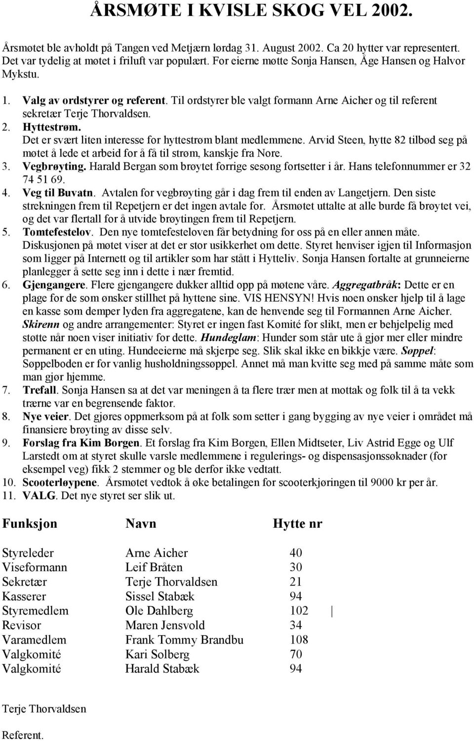 Det er svært liten interesse for hyttestrøm blant medlemmene. Arvid Steen, hytte 82 tilbød seg på møtet å lede et arbeid for å få til strøm, kanskje fra Nore. 3. Vegbrøyting.