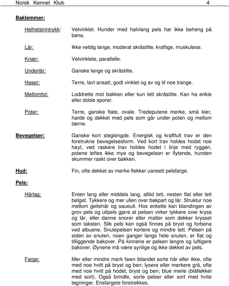 Loddrette mot bakken eller kun lett skråstilte. Kan ha enkle eller doble sporer. Tørre, ganske flate, ovale. Tredeputene mørke, små klør, harde og dekket med pels som går under poten og mellom tærne.