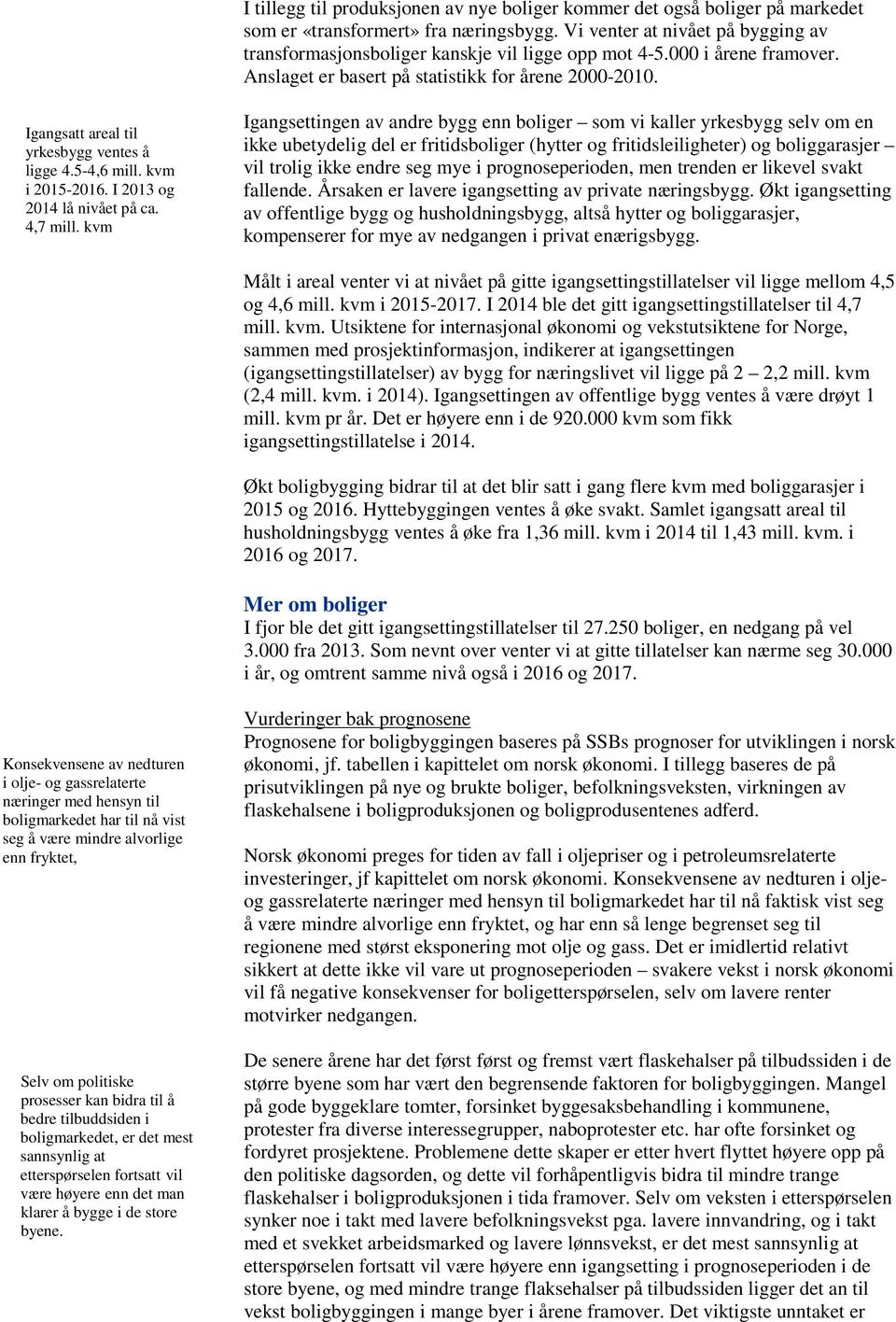 Igangsatt areal til yrkesbygg ventes å ligge 4.5-4,6 mill. kvm i 2015-2016. I 2013 og 2014 lå nivået på ca. 4,7 mill.