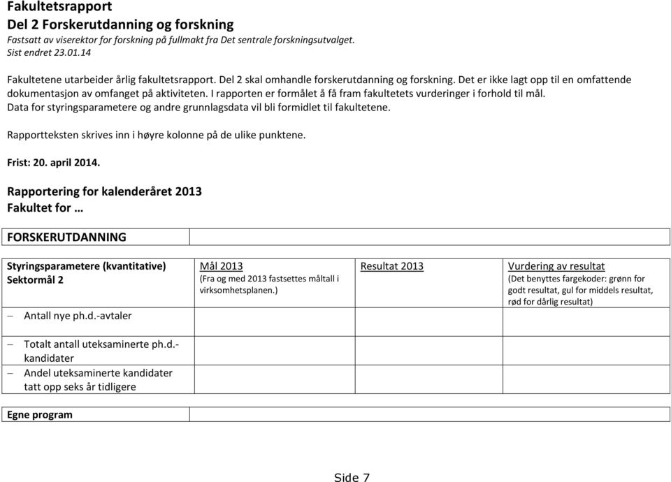 I rapporten er formålet å få fram fakultetets vurderinger i forhold til mål. Data for styringsparametere og andre grunnlagsdata vil bli formidlet til fakultetene.