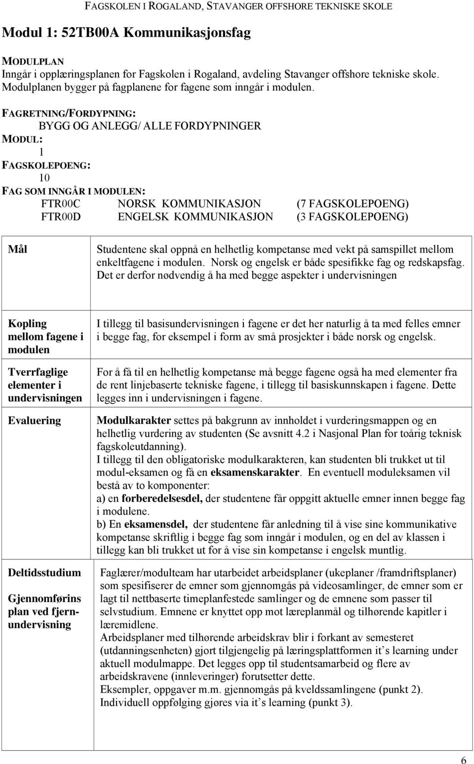 FAGRETNING/FORDYPNING: BYGG OG ANLEGG/ ALLE FORDYPNINGER MODUL: 1 FAGSKOLEPOENG: 10 FAG SOM INNGÅR I MODULEN: FTR00C NORSK KOMMUNIKASJON (7 FAGSKOLEPOENG) FTR00D ENGELSK KOMMUNIKASJON (3