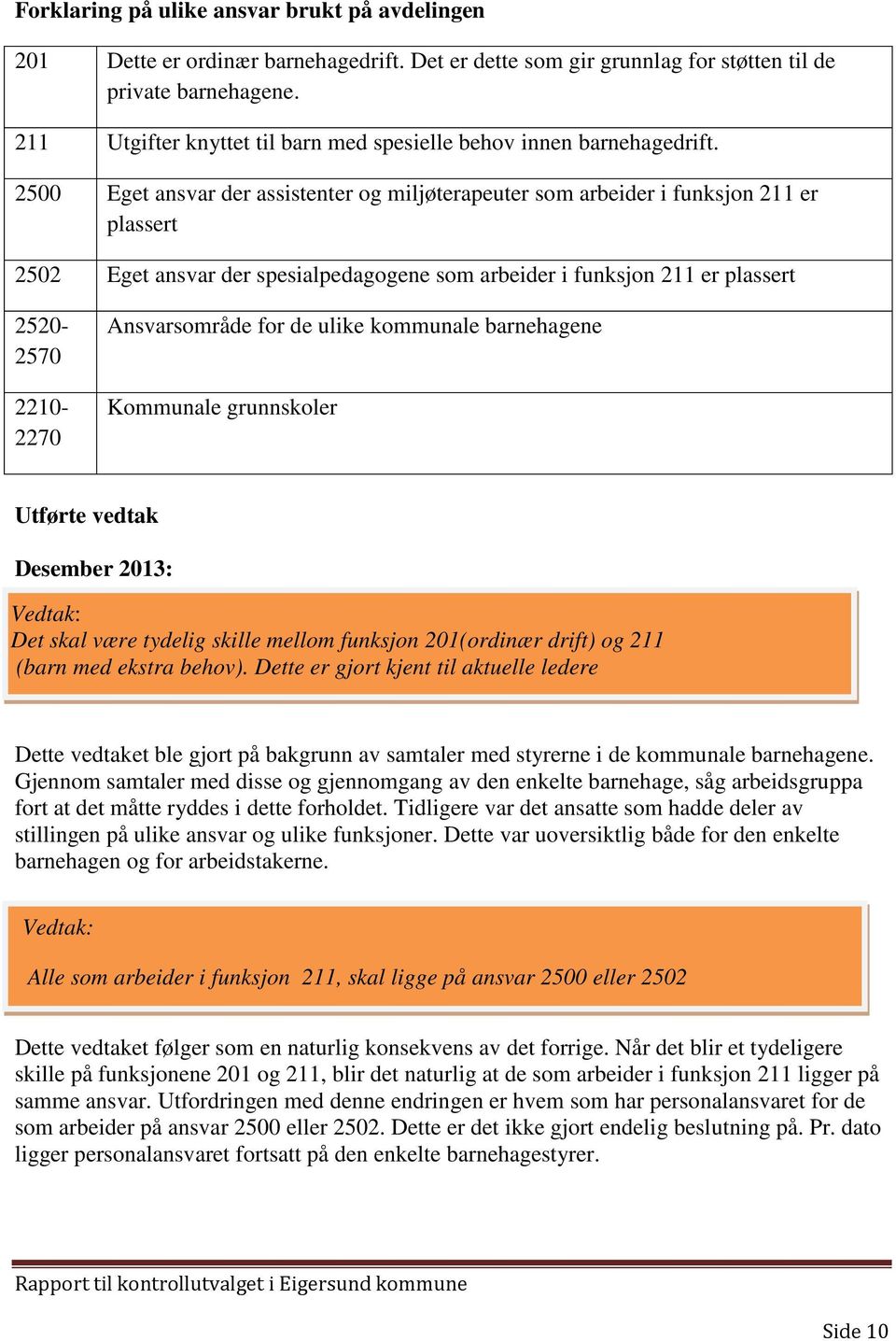 2500 Eget ansvar der assistenter og miljøterapeuter som arbeider i funksjon 211 er plassert 2502 Eget ansvar der spesialpedagogene som arbeider i funksjon 211 er plassert 2520-2570 2210-2270