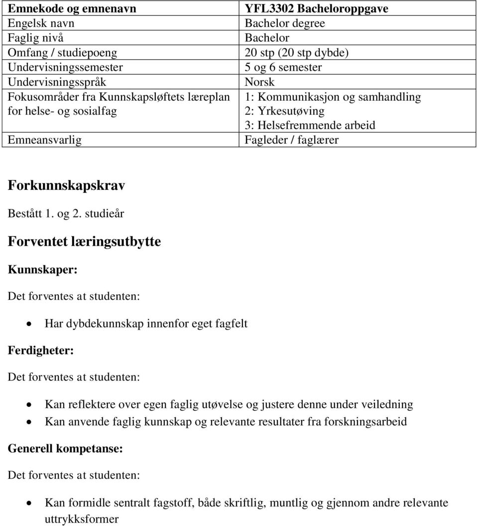 Forkunnskapskrav Bestått 1. og 2.