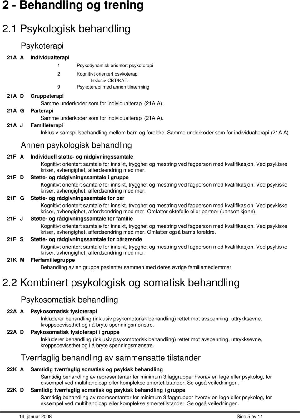 9 Psykoterapi med annen tilnærming Gruppeterapi amme underkoder som for individualterapi (21 ). Parterapi amme underkoder som for individualterapi (21 ).