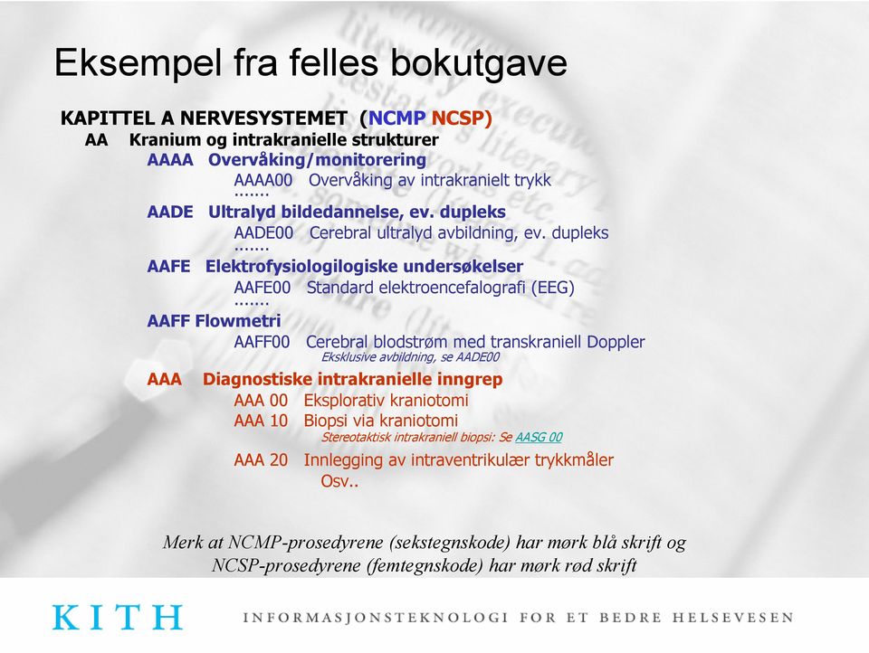 .. AAFF Flowmetri AAFF00 Cerebral blodstrøm med transkraniell Doppler Eksklusive avbildning, se AADE00 AAA Diagnostiske intrakranielle inngrep AAA 00 Eksplorativ kraniotomi AAA 10 Biopsi via