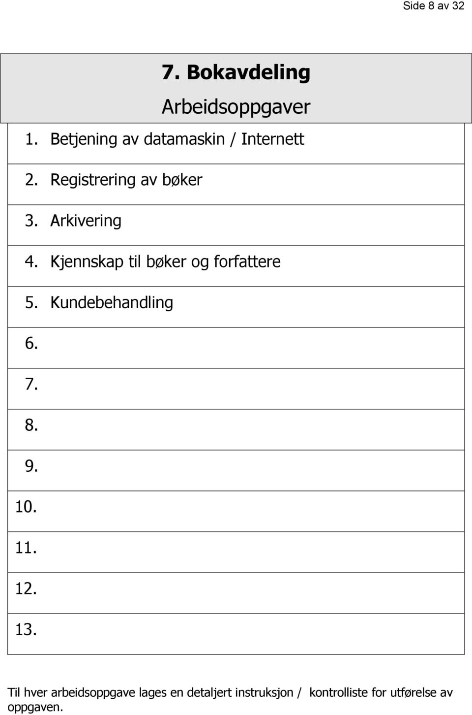 Arkivering 4. Kjennskap til bøker og forfattere 5. Kundebehandling 6. 7. 8.