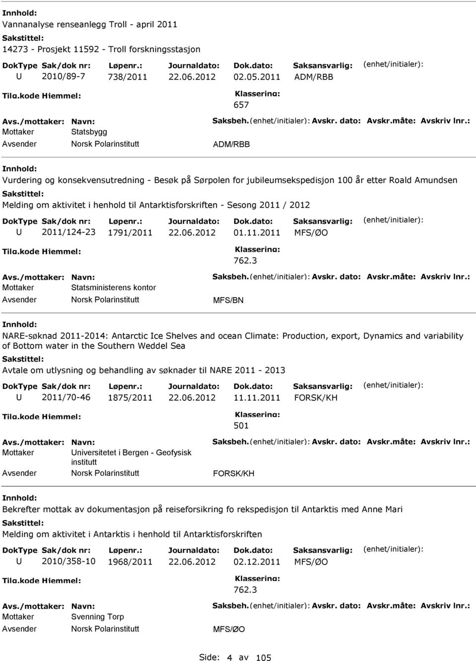 henhold til Antarktisforskriften - Sesong 2011 / 2012 2011/124-23 1791/2011 22.06.2012 01.11.2011 MFS/ØO 762.