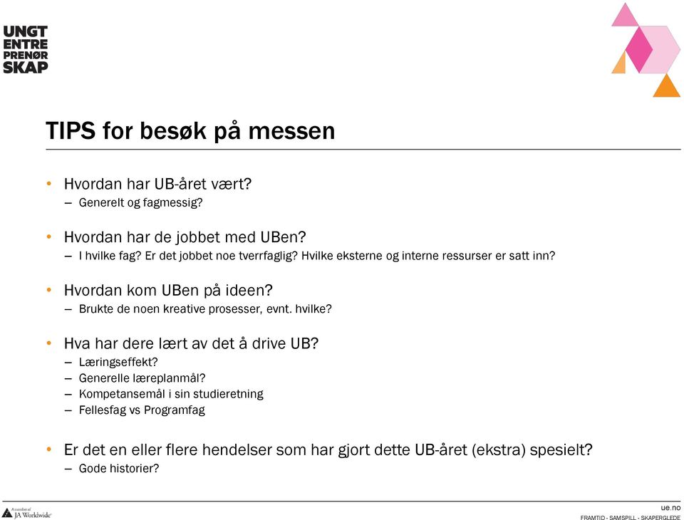 Brukte de noen kreative prosesser, evnt. hvilke? Hva har dere lært av det å drive UB? Læringseffekt? Generelle læreplanmål?