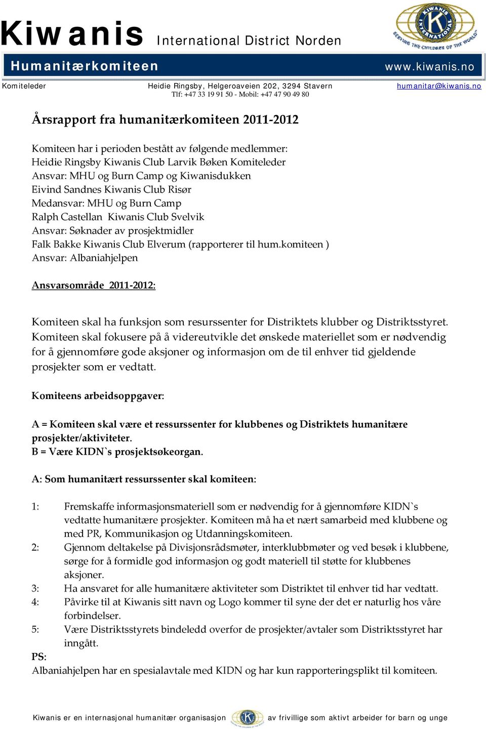 Ansvar: MHU og Burn Camp og Kiwanisdukken Eivind Sandnes Kiwanis Club Risør Medansvar: MHU og Burn Camp Ralph Castellan Kiwanis Club Svelvik Ansvar: Søknader av prosjektmidler Falk Bakke Kiwanis Club