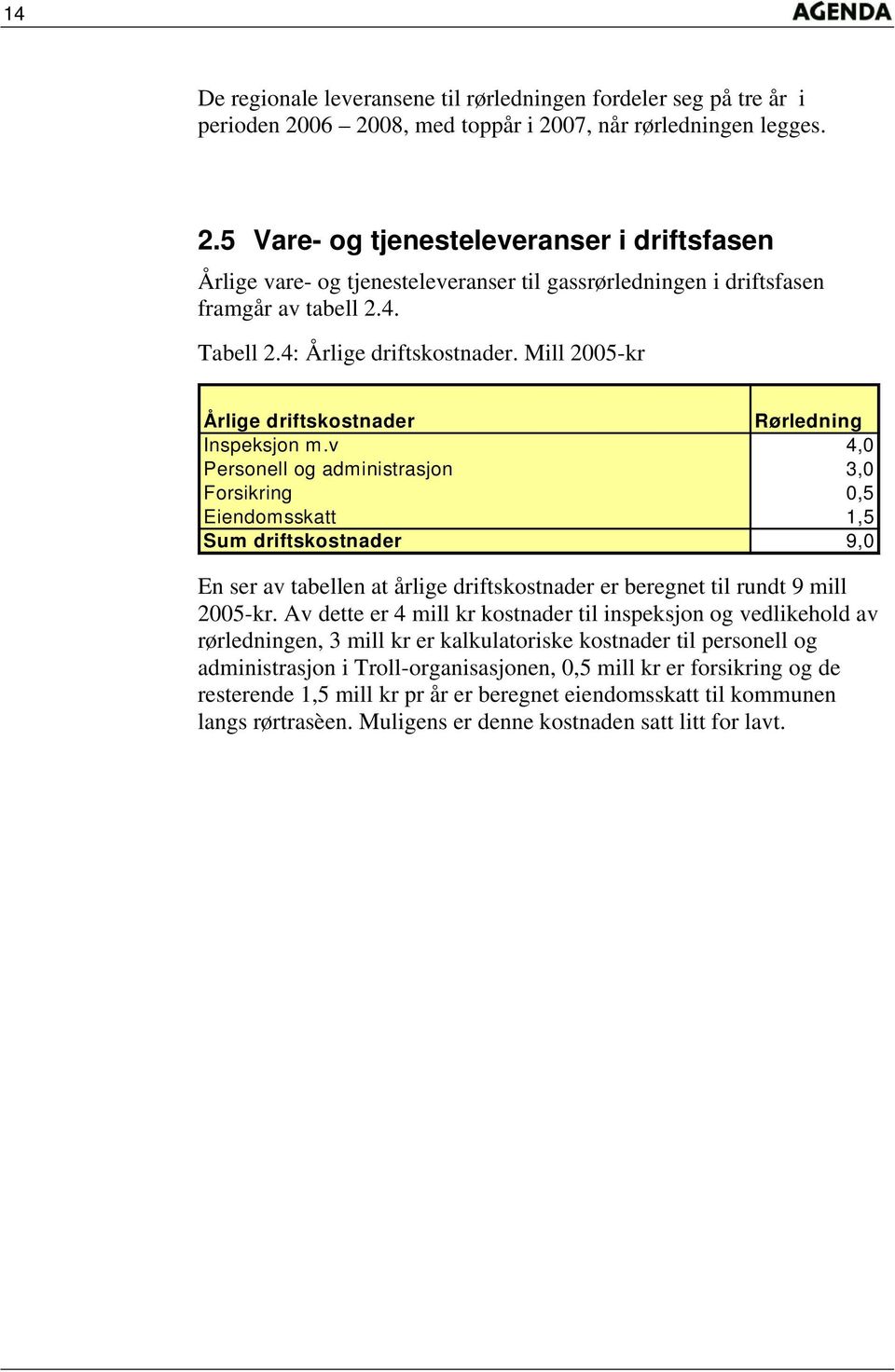 Tabell 2.4: Årlige driftskostnader. Mill 2005-kr Årlige driftskostnader Rørledning Inspeksjon m.