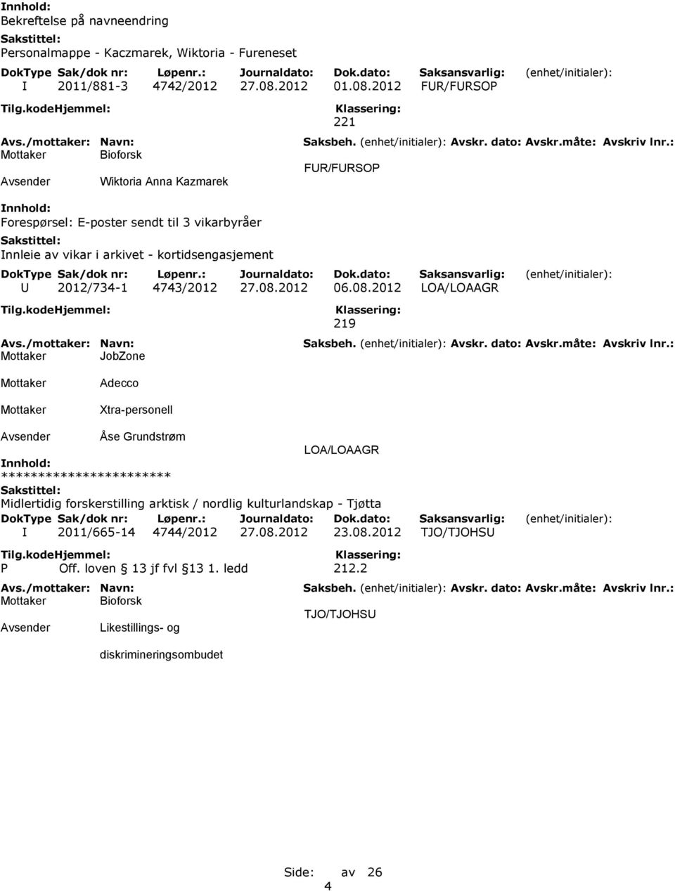 2012 FUR/FURSOP Wiktoria Anna Kazmarek 221 FUR/FURSOP Forespørsel: E-poster sendt til 3 vikarbyråer Innleie av vikar i arkivet - kortidsengasjement U 2012/734-1