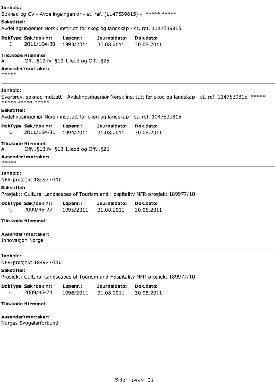 1147539815 2011/164-31 1994/2011 NFR-prosjekt 189977/10 Prosjekt: Cultural Landscapes of Tourism and Hospitality NFR-prosjekt 189977/10 2009/46-27 1995/2011