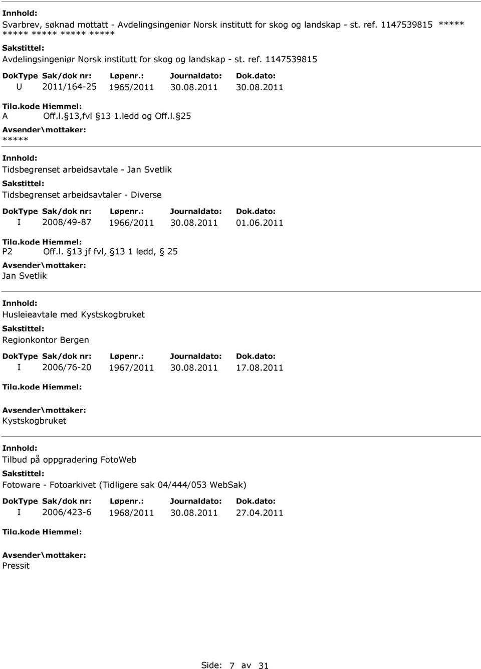 1147539815 2011/164-25 1965/2011 Tidsbegrenset arbeidsavtale - Jan Svetlik Tidsbegrenset arbeidsavtaler - Diverse 2008/49-87 1966/2011 01.06.