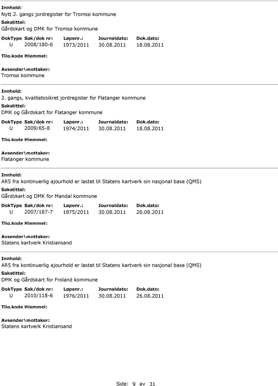 2011 Flatanger kommune R5 fra kontinuerlig ajourhold er lastet til Statens kartverk sin nasjonal base (QMS) Gårdskart og DMK for Mandal kommune 2007/187-7 1975/2011