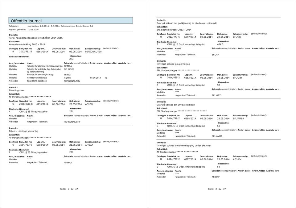 estetiske fag, folkekultur og lærerutdanning Mottaker Fakultet for teknologiske fag TF/NM Mottaker Rolf Halvard Heimdal HS/RH TE Terje Dehli Jacobsen PERSONAL/TDJ Tilsettingsbrev AF Personalmappe