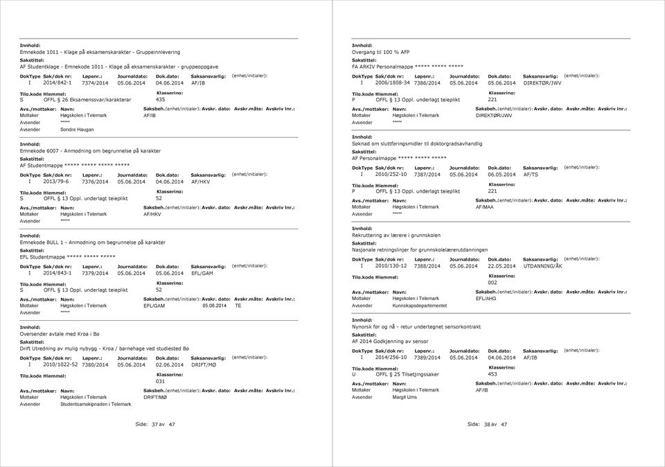 1 - Anmodning om begrunnelse på karakter EFL Studentmappe 2014/843-1 7379/2014 435 AF/B AF/HKV AF/HKV EFL/GAM EFL/GAM TE Oversender avtale med Kroa i Bø Drift tredning av mulig nybygg - Kroa /