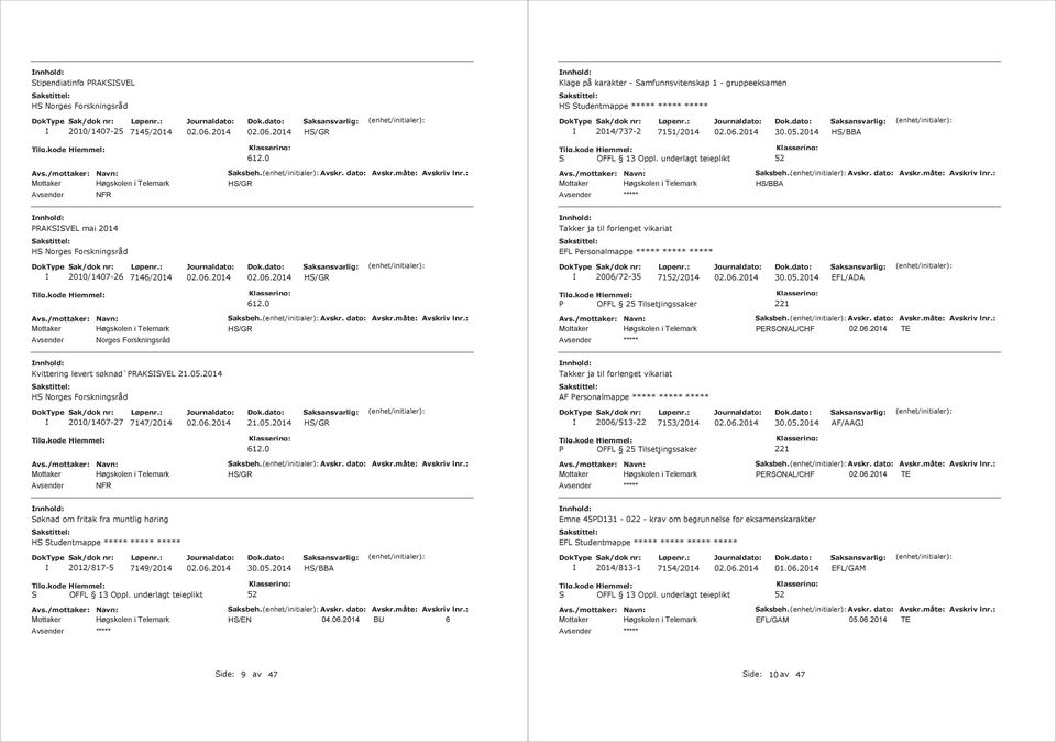 0 HS/GR PERSONAL/CHF TE Kvittering levert søknad`prakssvel 21.05.2014 Takker ja til forlenget vikariat HS Norges Forskningsråd AF Personalmappe 2010/1407-27 7147/2014 21.05.2014 HS/GR 2006/513-22 7153/2014 AF/AAGJ NFR 612.