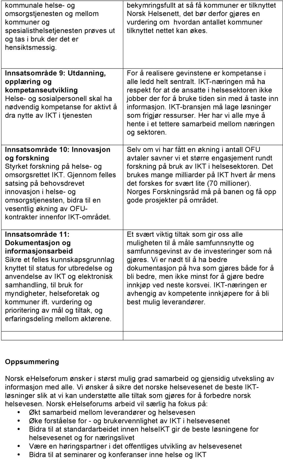 Innsatsområde 9: Utdanning, opplæring og kompetanseutvikling Helse- og sosialpersonell skal ha nødvendig kompetanse for aktivt å dra nytte av IKT i tjenesten Innsatsområde 10: Innovasjon og forskning