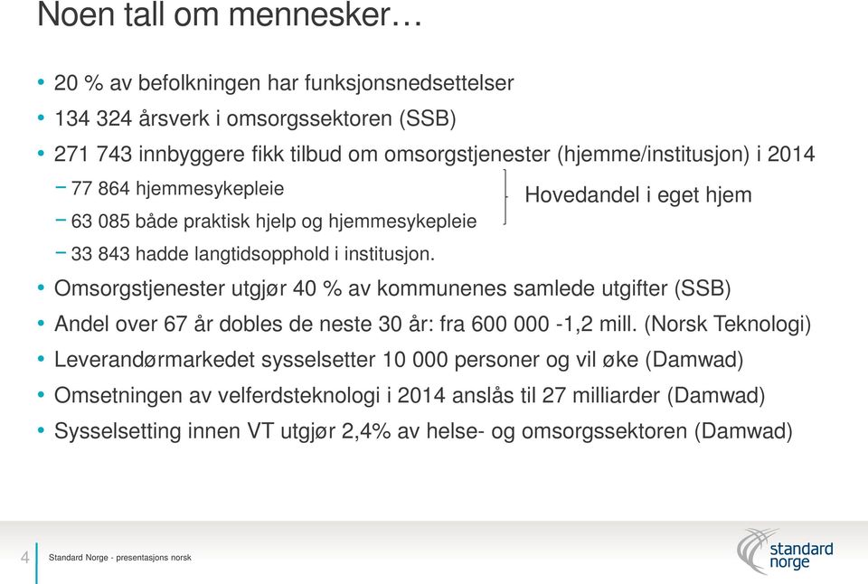 Hovedandel i eget hjem Omsorgstjenester utgjør 40 % av kommunenes samlede utgifter (SSB) Andel over 67 år dobles de neste 30 år: fra 600 000-1,2 mill.