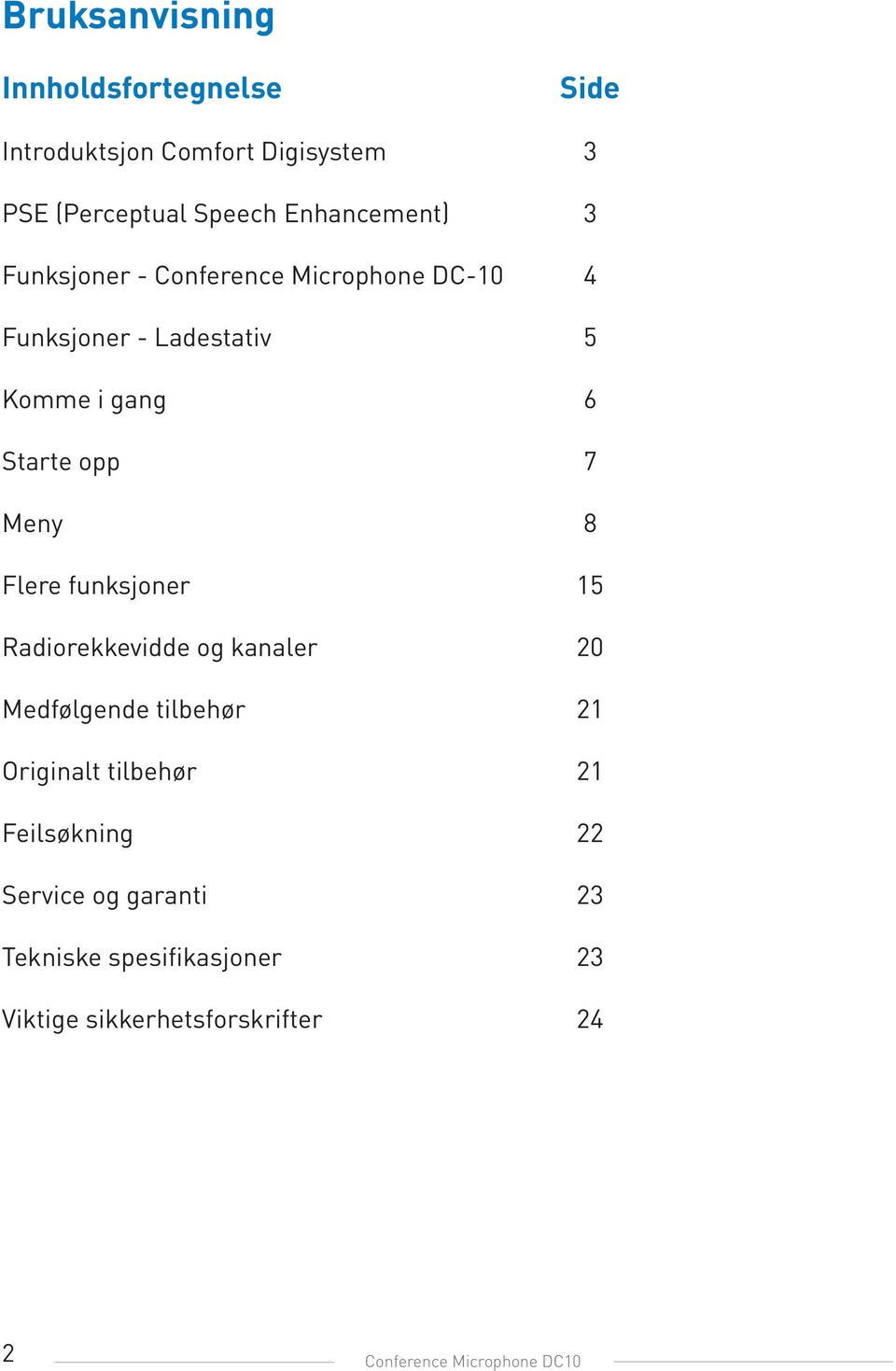 7 Meny 8 Flere funksjoner 15 Radiorekkevidde og kanaler 20 Medfølgende tilbehør 21 Originalt tilbehør 21