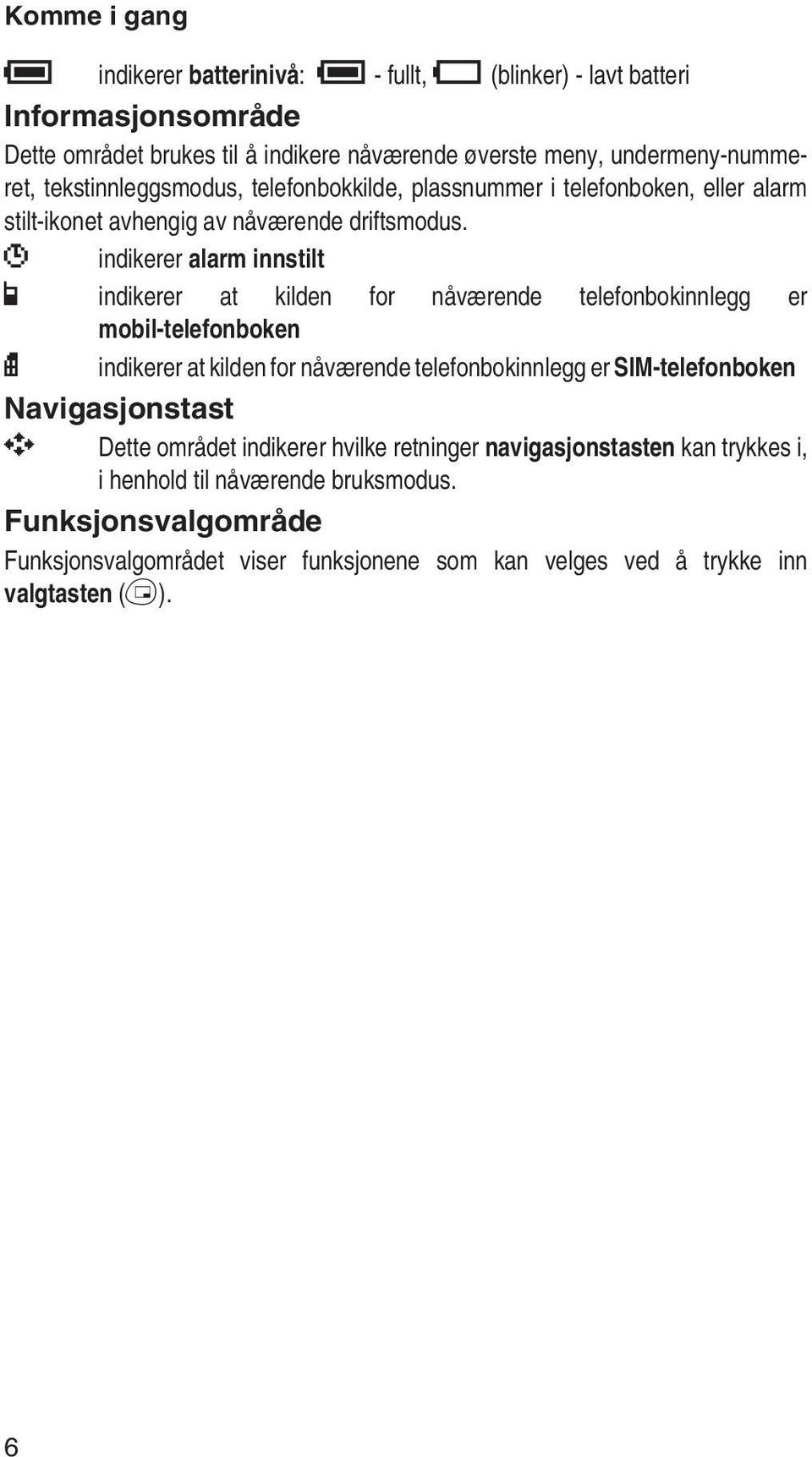 ? indikerer alarm innstilt > indikerer at kilden for nåværende telefonbokinnlegg er mobil-telefonboken < indikerer at kilden for nåværende telefonbokinnlegg er SIM-telefonboken