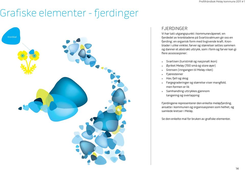 Kronblader i ulike vinkler, farver og størrelser settes sammen og danner et abstrakt uttrykk, som i form og farver kan gi flere assosiasjoner: Svartisen (turistmål og nasjonalt ikon) Øyriket Meløy