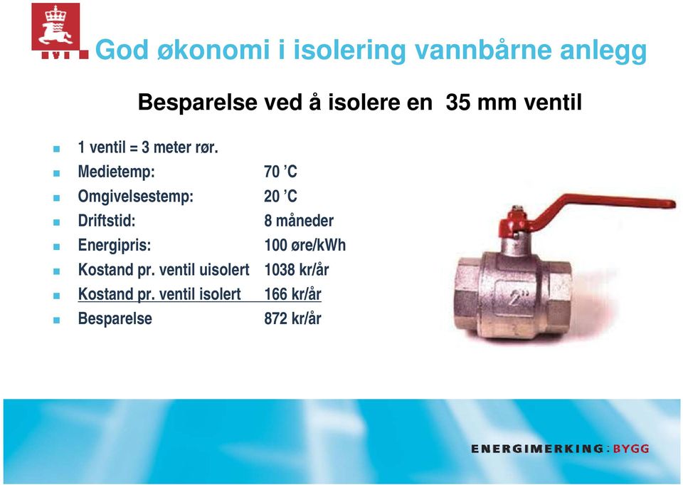 Medietemp: 70 C Omgivelsestemp: 20 C Driftstid: 8 måneder Energipris: