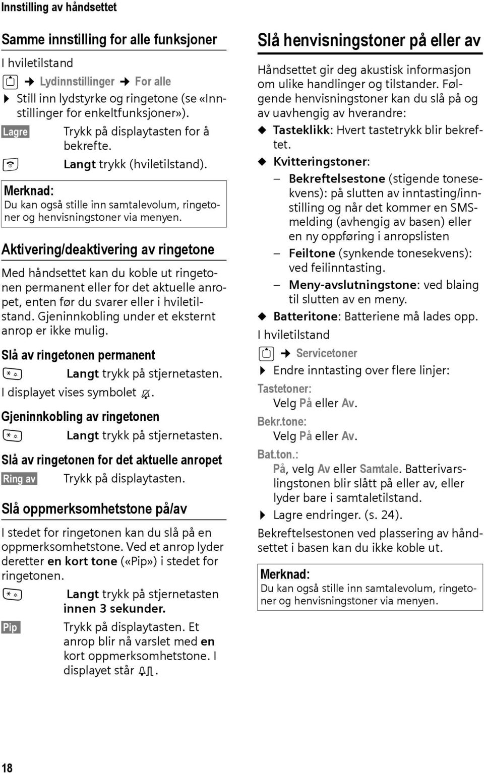 Aktivering/deaktivering av ringetone Med håndsettet kan du koble ut ringetonen permanent eller for det aktuelle anropet, enten før du svarer eller i hviletilstand.