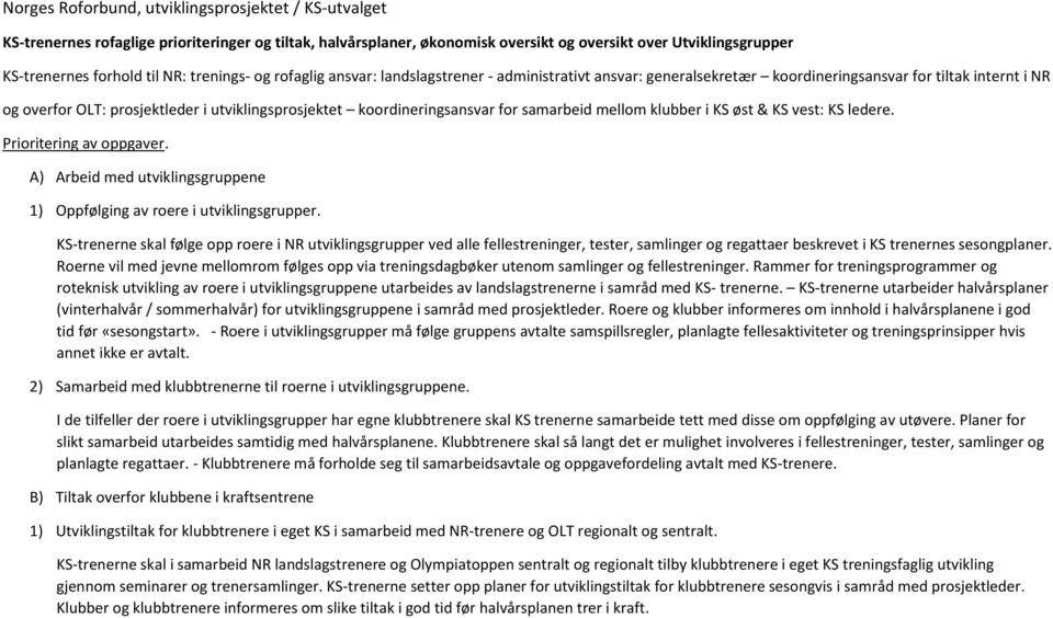 koordineringsansvar for samarbeid mellom klubber i KS øst & KS vest: KS ledere. Prioritering av oppgaver. A) Arbeid med utviklingsgruppene 1) Oppfølging av roere i utviklingsgrupper.