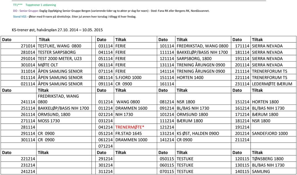 2015 271014 TESTUKE, WANG 0800 031114 FERIE 101114 FREDRIKSTAD, WANG 0800 171114 SIERRA NEVADA 281014 TESTER SARPSBORG 041114 FERIE 111114 BAKKELØP/BASIS NIH 1700 181114 SIERRA NEVADA 291014 TEST