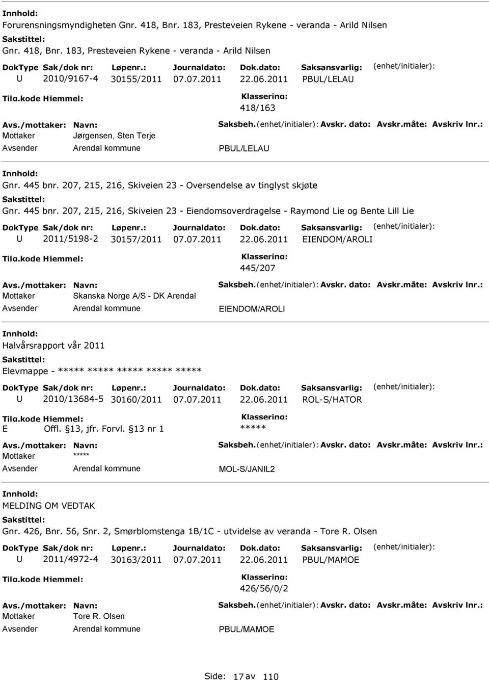 207, 215, 216, Skiveien 23 - iendomsoverdragelse - Raymond Lie og Bente Lill Lie 2011/5198-2 30157/2011 NDOM/AROL 445/207 Mottaker Skanska Norge A/S - DK Arendal NDOM/AROL Halvårsrapport vår