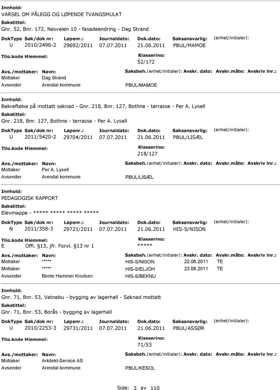 06.2011 PBL/LSÆL 218/127 Mottaker Per A. Lysell PBL/LSÆL PDAGOGSK RAPPORT levmappe - N 2011/358-3 29721/2011 21.06.2011 HS-S/NSON Mottaker HS-S/NSON T Mottaker HS-S/LJOH T Bente Hammer Knutsen HS-S/BKN Gnr.