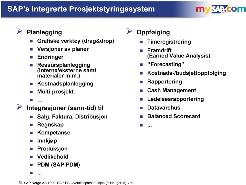 materialer m.m.) Kostnadsplanlegging Multi-prosjekt Integrasjoner (sann-tid) til Salg, Faktura, Distribusjon Regnskap Kompetanse Innkjøp