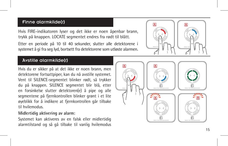 Avstille alarmkilde(r) Hvis du er sikker på at det ikke er noen brann, men detektorene fortsattpiper, kan du nå avstille systemet. Vent til SILENCE-segmentet blinker rødt, så trykker du på knappen.