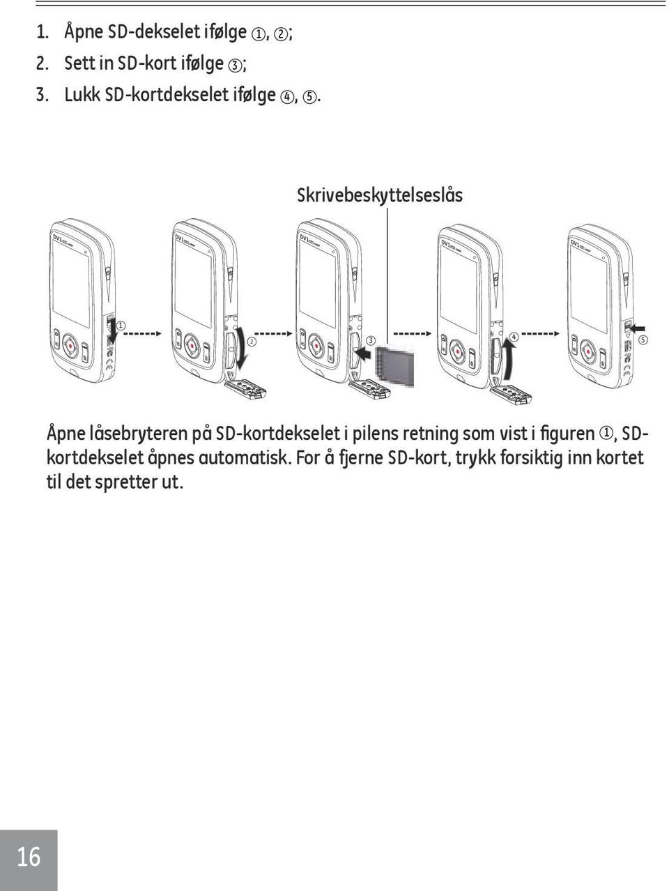 Skrivebeskyttelseslås 1 2 3 4 5 Åpne låsebryteren på SD-kortdekselet i pilens