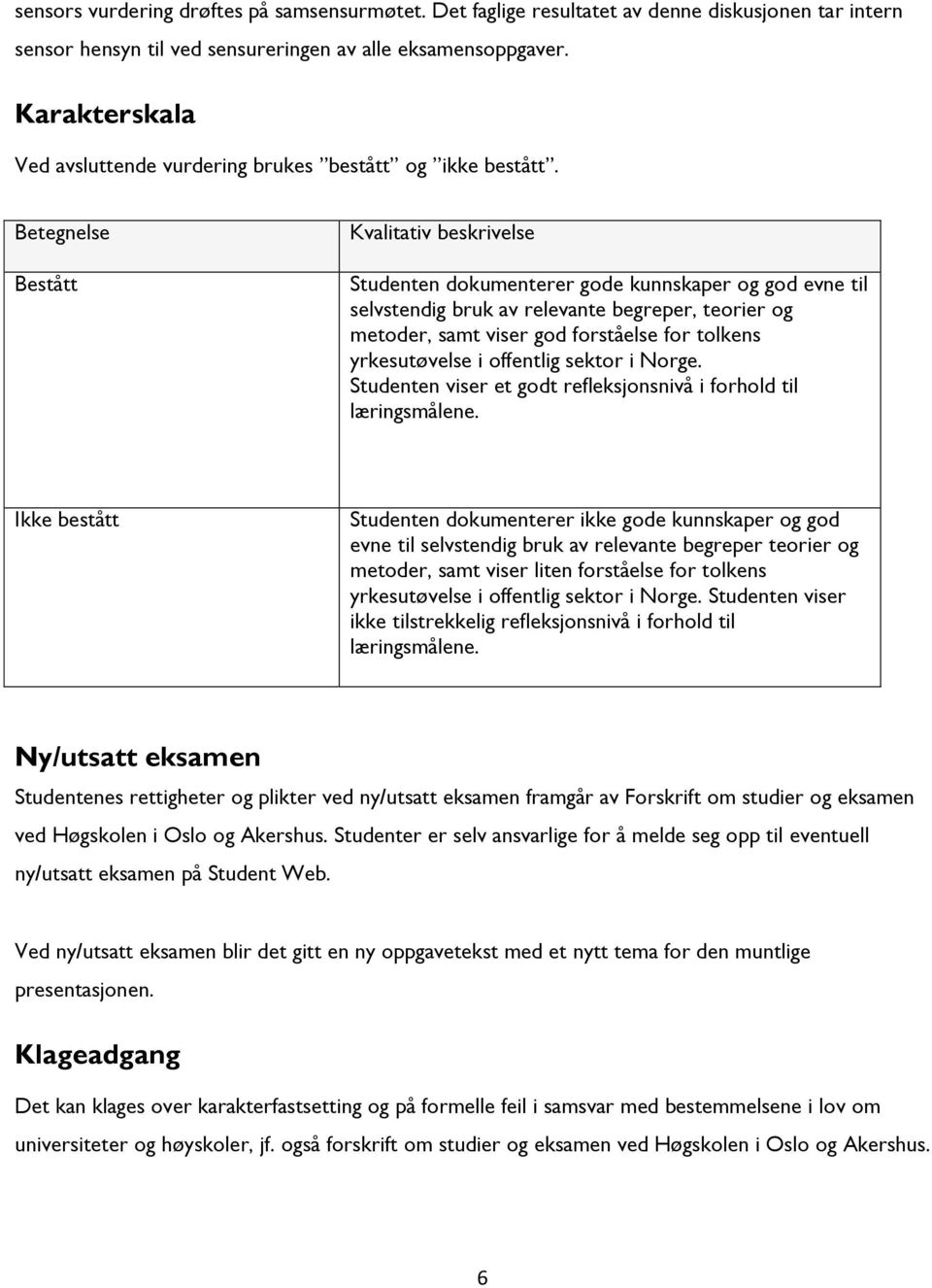 Betegnelse Bestått Kvalitativ beskrivelse Studenten dokumenterer gode kunnskaper og god evne til selvstendig bruk av relevante begreper, teorier og metoder, samt viser god forståelse for tolkens