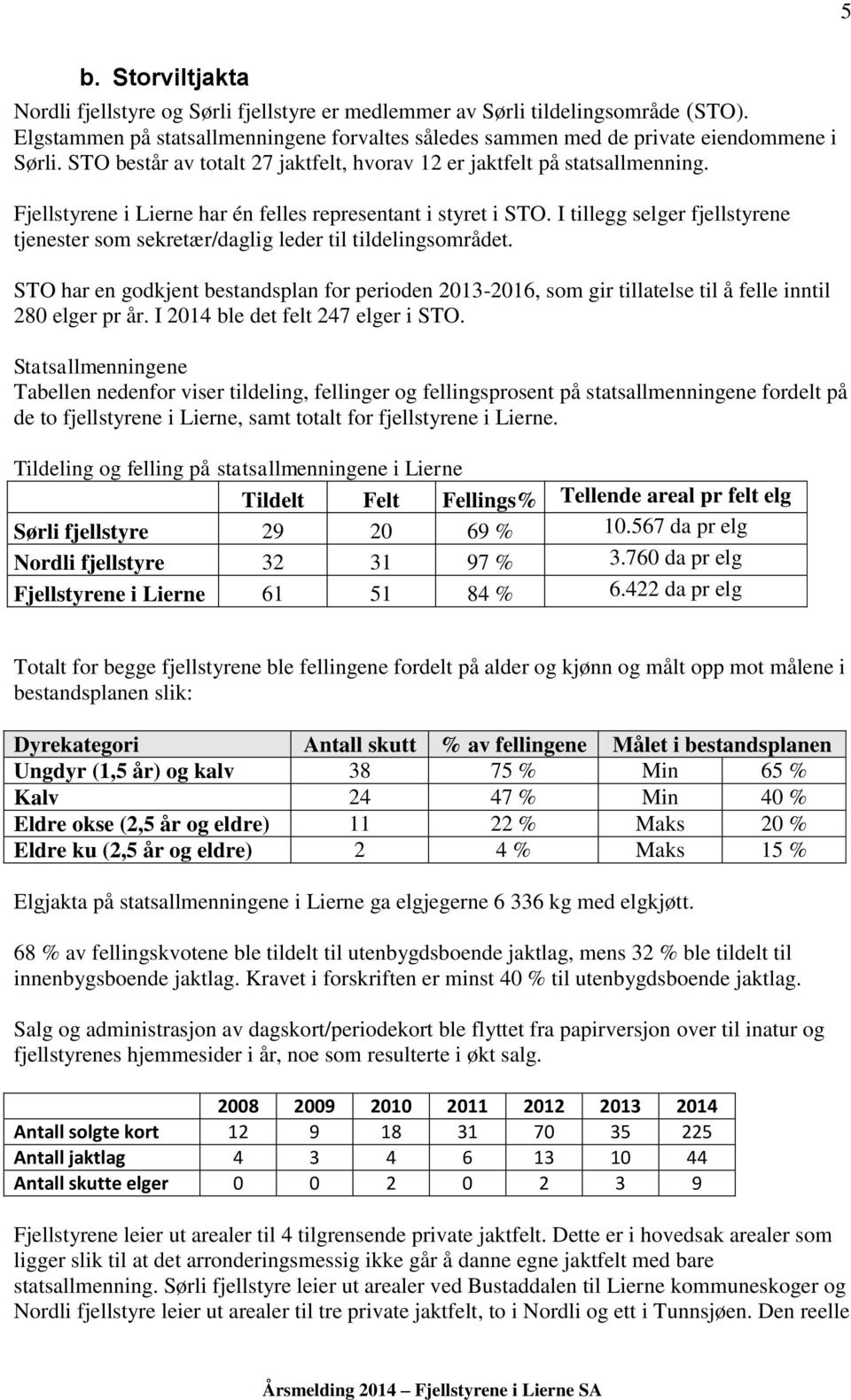 I tillegg selger fjellstyrene tjenester som sekretær/daglig leder til tildelingsområdet. STO har en godkjent bestandsplan for perioden 2013-2016, som gir tillatelse til å felle inntil 280 elger pr år.